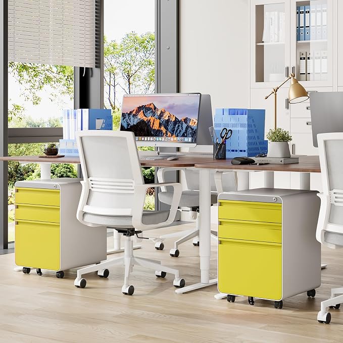 Dripex 3 Drawer Yellow File Cabinet, Mobile Under Desk Storage File Cabinet with Lock on Wheels, Letter/Legal Size, Fully Assembled, Small Short Vertical Metal Rolling Filing Cabinets for Home Office
