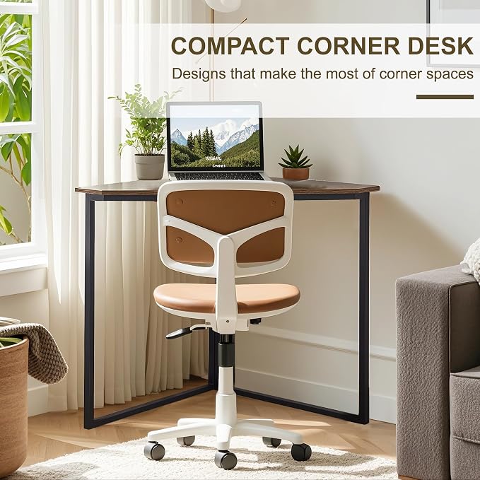 VECELO Corner Desk,Office Tables for Living Room for Small Space Triangle Computer Desk with Steel Frame Corner Shelves with Metal Frame Writing Desk for Workstation Retro Brown 33.1"