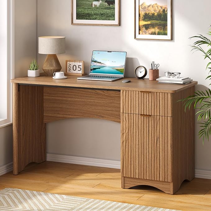 Bestier Computer Desk with Drawer, 47 inch Office Desk with Storage Cabinet, Modern Wood Desk Adjustable Shelves for Home Office Bedroom Study, Brown Oak