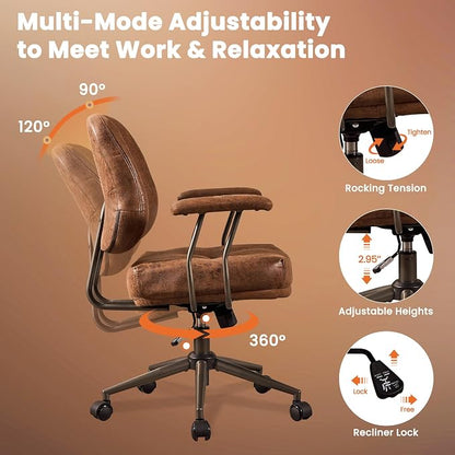 Leather Home Office Chair, Mid Back Ergonomic Desk Chair with Lumbar Support, Mid Century Modern Deep Seat Swivel Rocking Computer Chair, Dark Brown