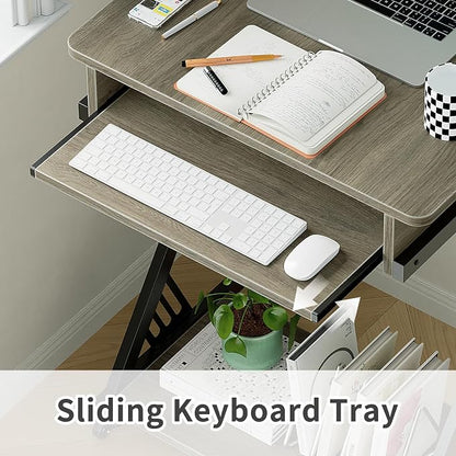 ALISENED 23.6" Z-Shaped Computer Desk for Small Spaces with Keyboard Tray, Wheels and Bottom Shelves, Compact Space-Saving Home Office Workstation, Grey