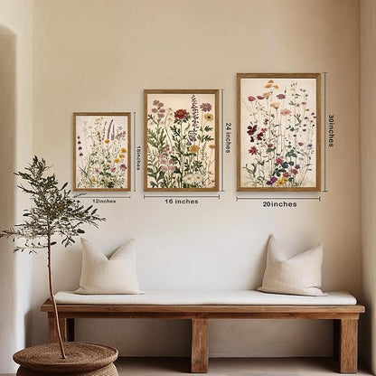 WRFON Botanical and Flower Canvas Wall Art, Framed Wildflower Wall Art Set of 3, Vintage Meadow Flower Canvas Prints, Cottagecore Floral Decor for Living Room Bedroom Bathroom Farmhouse Home, 20x30