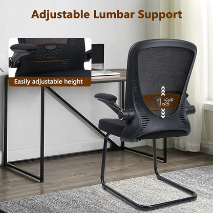 CLATINA Office Guest Chair no Wheels, Ergonomic Mesh Desk Chair Adjustable Lumbar Support and Flip Up Arms, Sled Base for Office Guest & Reception Chairs for Conference Room,Black (8PK)