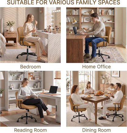 KISLOT Ergonomic Home Office Chair with Removable Arms, Adjustable Swivel Desk Chair with Wheels, Modern Faux Leather Computer Chair with Lumbar Support, Set of 2, Camel Brown