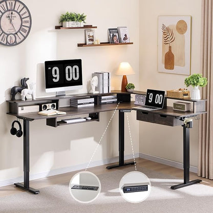 RedLemon 75X60 Inches L Shaped Electric Standing Desk,Height Adjustable Corner Gaming Desk with Drawers, Keyboard Tray, Power Outlets & LED Lights, Computer Desk with Monitor Shelf, Dark Rustic Oak