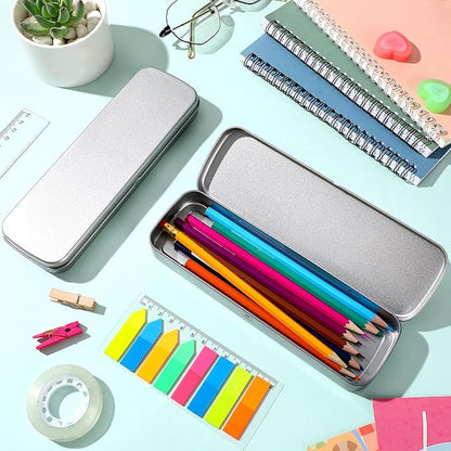 Feifeiya 6 Pcs Back to School Tin Pencil Case Metal Pencil Case Empty Hinged Stainless Steel Box Rectangular for Brushes Crayon