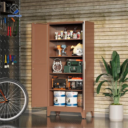 COFaR Metal Pantry Cabinet with Doors, Farmhouse 71'' Tall Storage Cabinet with 4 Adjustable Shelves, Kitchen Pantry Cabinet for Dinning Room, Garage, Laundry, Bathroom, Brown 5-Tier