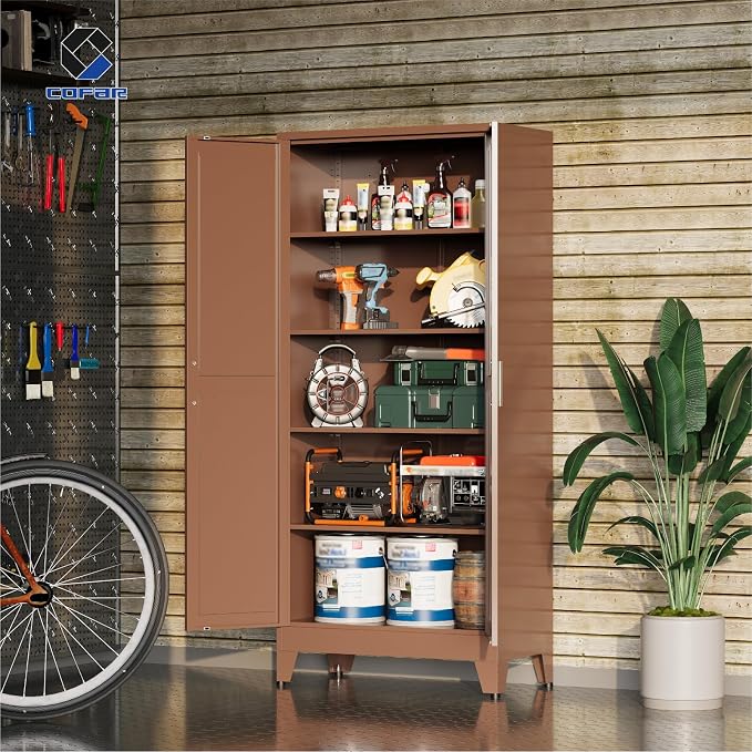 COFaR 71'' Tall Metal Storage Cabinet, Farmhouse Kitchen Pantry Cabinet with Doors and 4 Adjustable Shelves, Brown Metal Cabinets for Garage, Kitchen, Bathroom, Laundry, 5-Tier