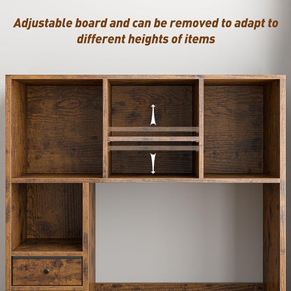 REIBII Desktop Bookshelf, High-Capacity Desk Hutch Organizer with 7 Shelves and 2 Drawers, Adjustable Bookshelf Storage, Desk Shelf for Top of Desk, Desk Hutch Dorm, Rustic Brown