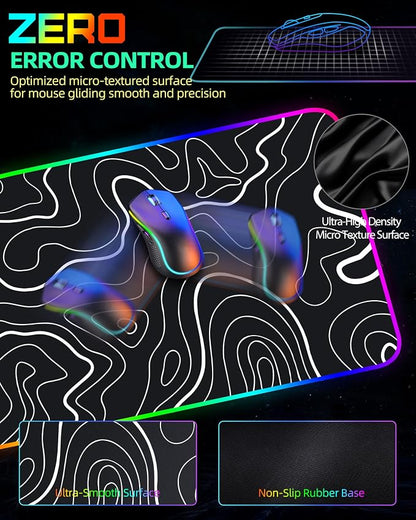 Wireless Charging Mouse Pad, RGB Gaming Mousepad, 31.5"x15.7" Extra Large Desk Pad, 13 Light Modes, Non-Slip Base, Waterproof Computer Keyboard Mat for MacBook, PC, Laptop, Black Topographic Line