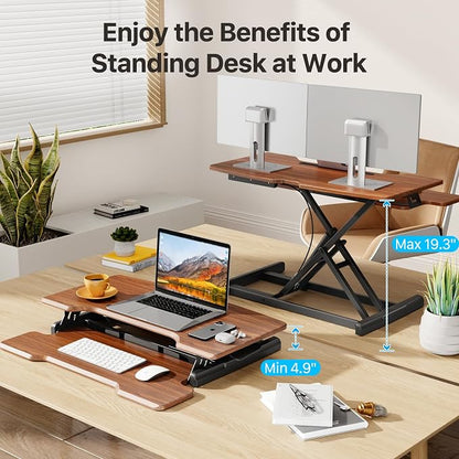 Standing Desk Converter 32 inch, Height Adjustable Sit Stand Desk Riser, Quick Sit to Stand Tabletop Dual Monitor Riser Workstation for Home Office with Keyboard Tray, Dark Wood