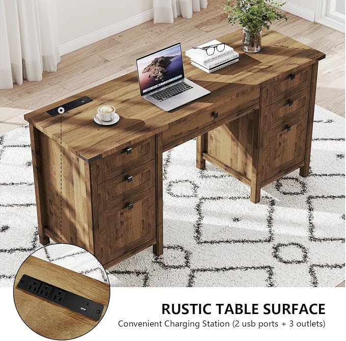 Farmhouse Executive Desk with 5 Drawers - 62" W Farmhouse Computer Desk with Power Outlets & USB Charging, Heavy Duty Storage Desk for Home Office & Study.Vintage