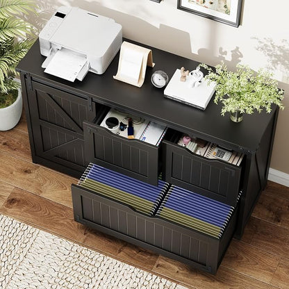 Halitaa 47.8” Farmhouse Lateral File Cabinet with Sliding Barn Door, 3 Drawers Filing Storage Cabinets with Adjustable Shelf, Office Printer Stand for Hanging Files Letter/Legal/A4/F4.Pure Black