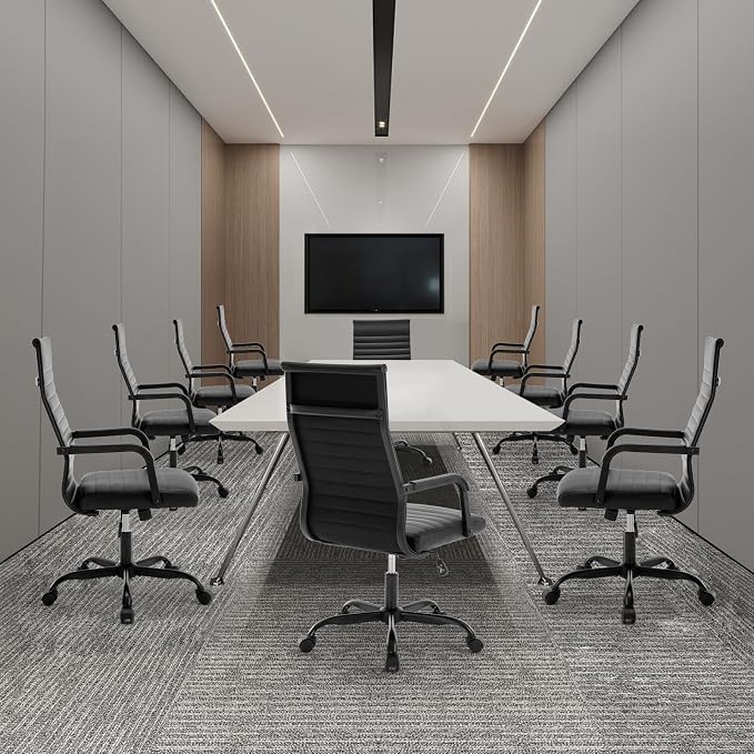 Office Chair, Ergonomic Executive Conference Room Chairs, Ribbed Leather Desk Chair with Lumbar Support, Adjustable Height Mid-Back Swivel Chair with Padded Seat and Square Tube Armrests