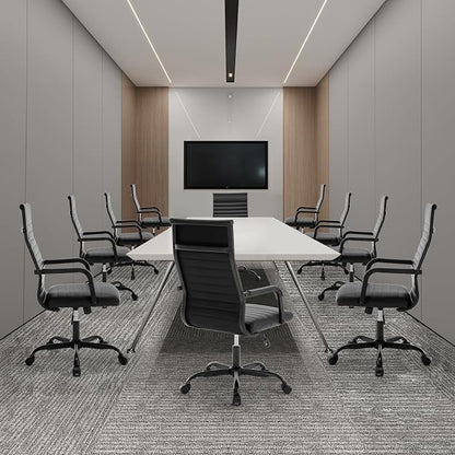 Office Chair, Ergonomic Executive Conference Room Chairs, Ribbed Leather Desk Chair with Lumbar Support, Adjustable Height Mid-Back Swivel Chair with Padded Seat and Square Tube Armrests