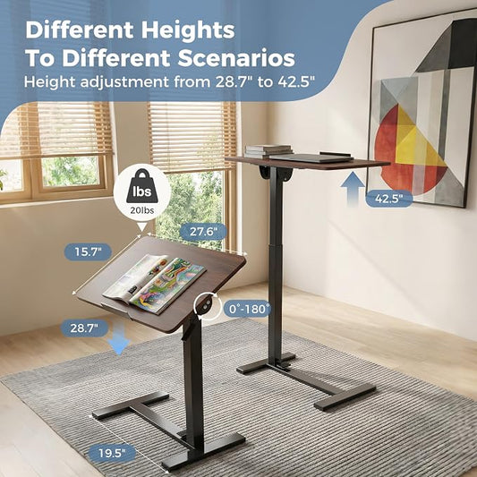 Adjustable Overbed Bedside Table with Hidden Wheels, Mobile Standing Desk with Pneumatic Lift, Portable Computer Workstation Cart for Bed, Couch, Office, Sofa, Brown