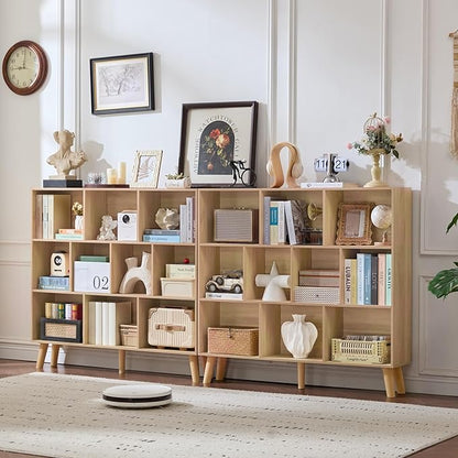 LEYAOYAO 10 Cube Bookshelf,3 Tier Modern Wide Bookcase with Legs,Mid-Century Wood Bookshelves Storage,Light Wood Large Book Case,Freestanding Organizer Display Shelf for Bedroom,Living Room,Office