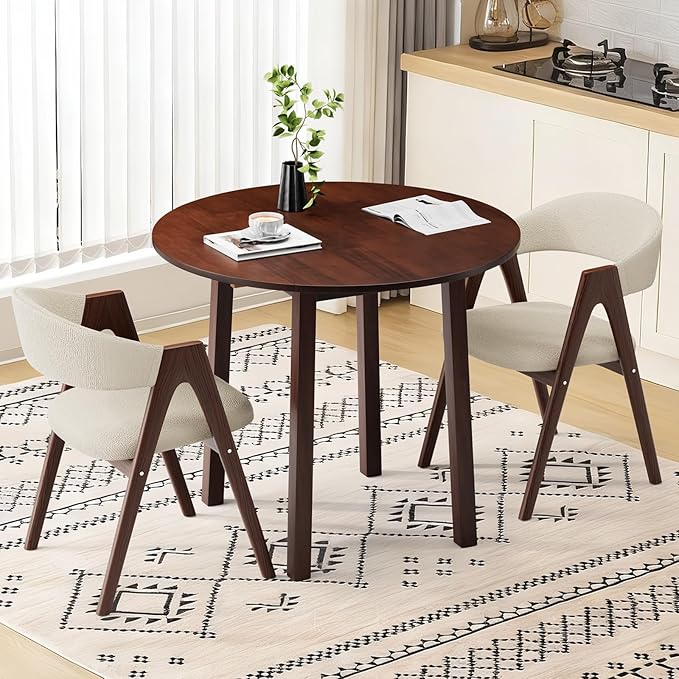 VINGLI 35" Solid Wood Folding Dining Table, Drop Leaf Kichen Dining Room Desk for Small Spaces, Small Kitchen, Expandable Folding Round Table for Home, Apartment,Office, Brown