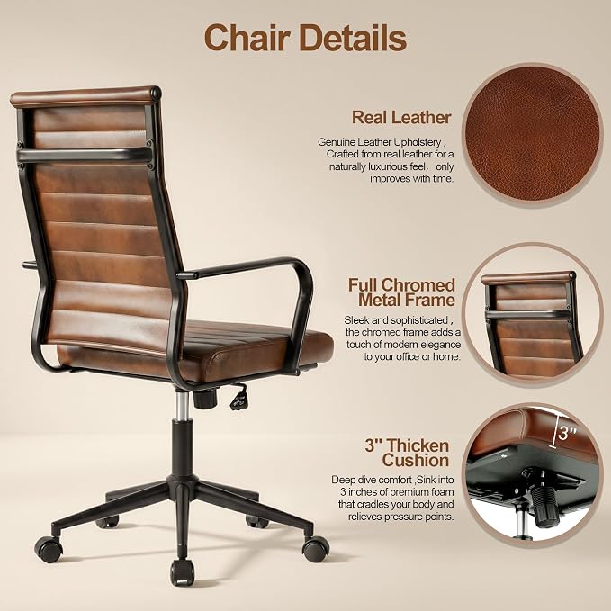Okeysen Leather Office Desk Chair, Mid-Century Modern Leather Conference Room Chairs, Ergonomic Executive Ribbed Height Adjustable Swivel Rolling Chair for Home Office.