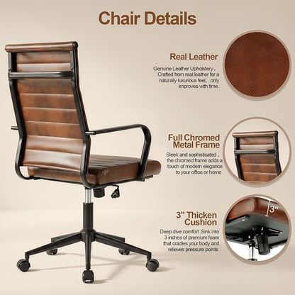 Okeysen Leather Office Desk Chair, Mid-Century Modern Leather Conference Room Chairs, Ergonomic Executive Ribbed Height Adjustable Swivel Rolling Chair for Home Office.