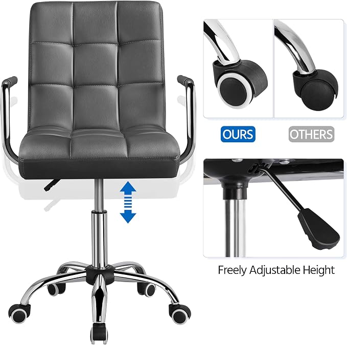 Topeakmart PU Leather Ergonomic Office Chair with Armrests, 360° Swivel Large Seat Stylish Desk Chair Heavy Duty Base Gaslift Cylinder Task Chair on Wheels, Grey