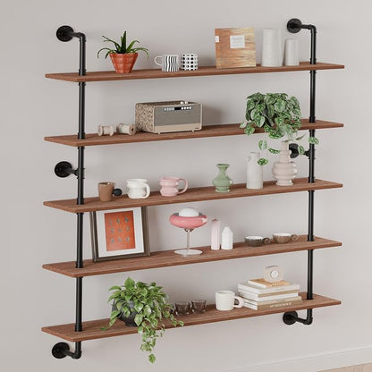 HDDFER Floating Shelves for Wall Bookshelf Industrial Pipe Shelving Shelves 48 Inch 5 Tier Natural Wood Planks Rustic Wall Shelves Hanging Bookshelves Farmhouse Kitchen Shelving