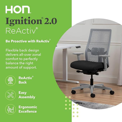HON Ignition 2.0 ReActiv Ergonomic Office Chair, Mesh Desk Chair with Lumbar Support, Advanced Synchro‑Tilt, Height and Width Adjustable Arms, Swivel Wheels, Titanium Frame, Black