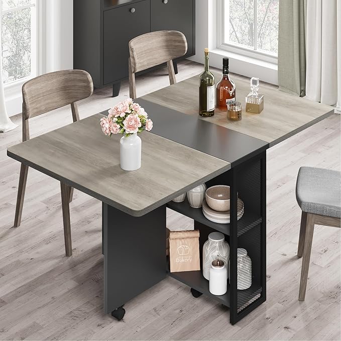 IDEALHOUSE FoldingTable, Drop Leaf Dining Table with 6 Wheels and 2-Layer Storage Shelf, Space Saving Table for Small Spaces (Slate Oak, 50.1" D x 31.4" W x 29.5" H)