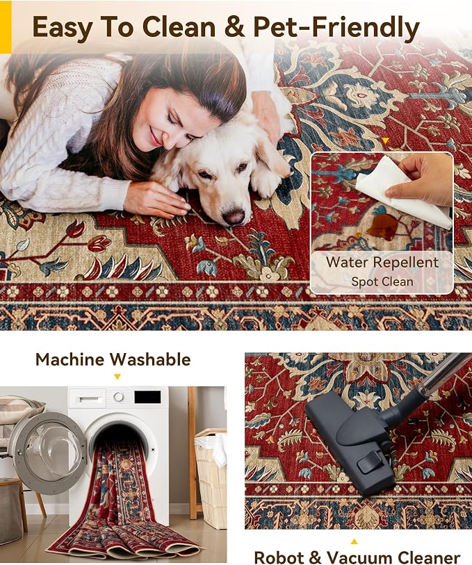 RELEANY Area Rugs 5'x8' Washable Non-Slip, Floral Vintage Distress Medallion Carpet for Living Room Bedroom Dining Room, Red Blue