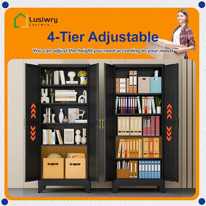 Metal Storage Cabinet with 2 Doors and 4 Adjustable Shelves - 71" Steel File Cabinet,Tool Cabinets for Office,Home,Garage,Gym,School (Black)