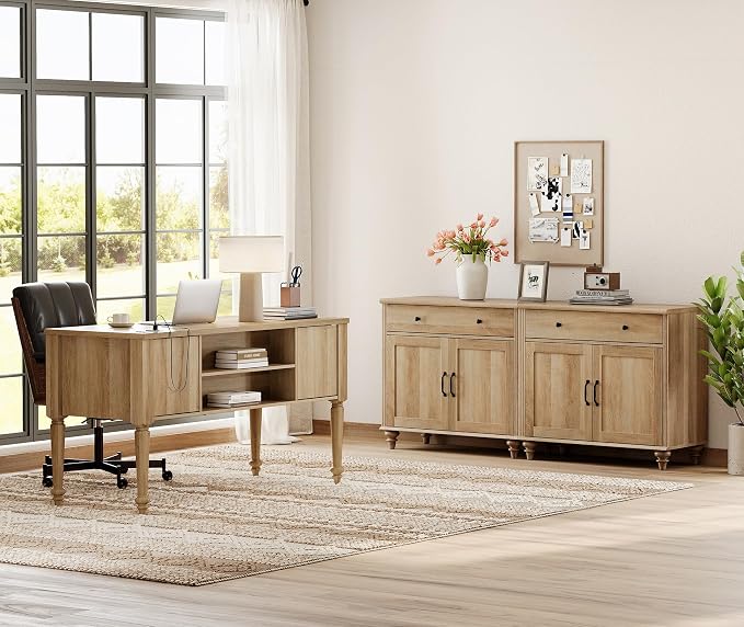 WAMPAT Home Office Furniture Set, 56'' Executive Desk with Charging Station, 2-in-1 Cabinet with 4 Doors and 2 Drawers, Wood Computer Desk with File Cabinet Storage, Open Shelf, Oak