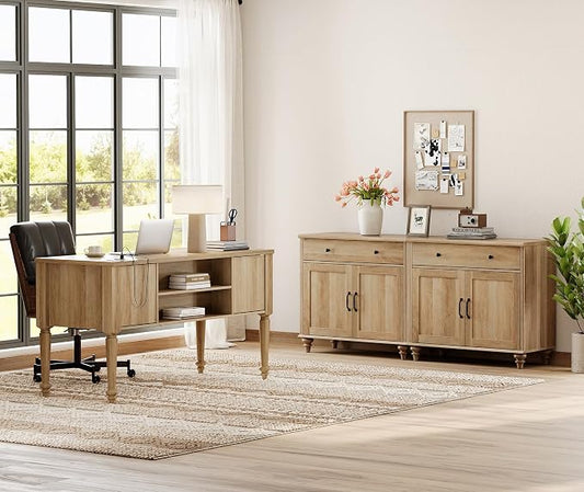 WAMPAT Home Office Furniture Set, 56'' Executive Desk with Charging Station, 2-in-1 Cabinet with 4 Doors and 2 Drawers, Wood Computer Desk with File Cabinet Storage, Open Shelf, Oak