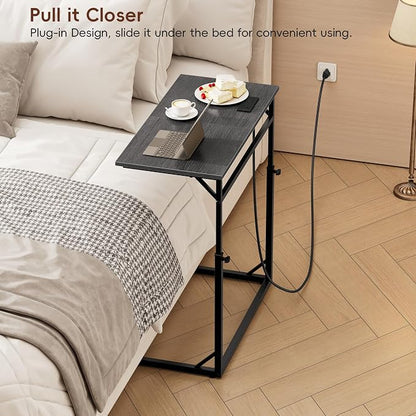 Vagusicc C Shaped End Table with Charging Station, Large C-Table End Table Adjustable Height Side Table for Couch, Sofa Table Slide Under Couch Table TV Tray Table for Living Room, Bedroom,Gray Walnut