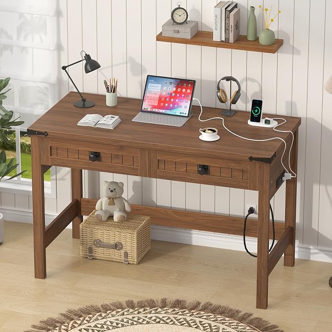 YOMILUVE Farmhouse Computer Desk with 2 Drawers, 39 Inch Small Office Computer Desk with Power Outlets, Compact Writing Study Vanity Desk for Small Spaces, Brown