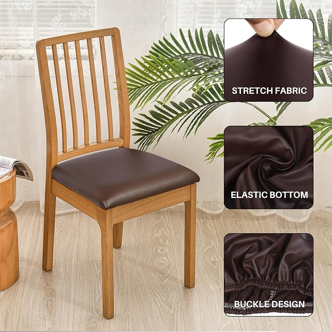 SearchI Waterproof PU Leather Seat Covers for Dining Chairs, 2 Pack Stretch Dining Room Chair Seat Covers, Kitchen Chair Seat Covers Protectors (Brown)