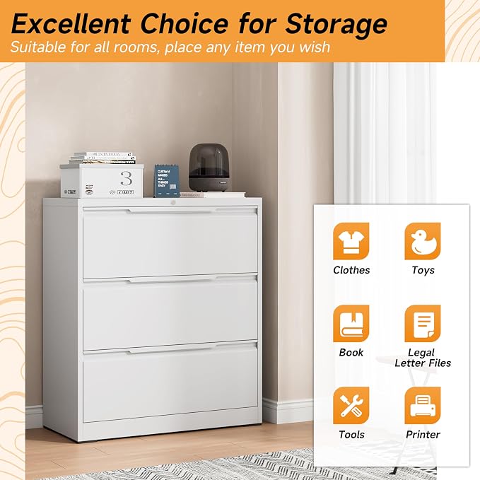 Bestoo 3 Drawer File Cabinet with Lock, File Cabinet, Metal Lateral Filing Cabinet, File Cabinets for Home Office, Office Cabinet for Hanging Files Letter/Legal/F4/A4 Size