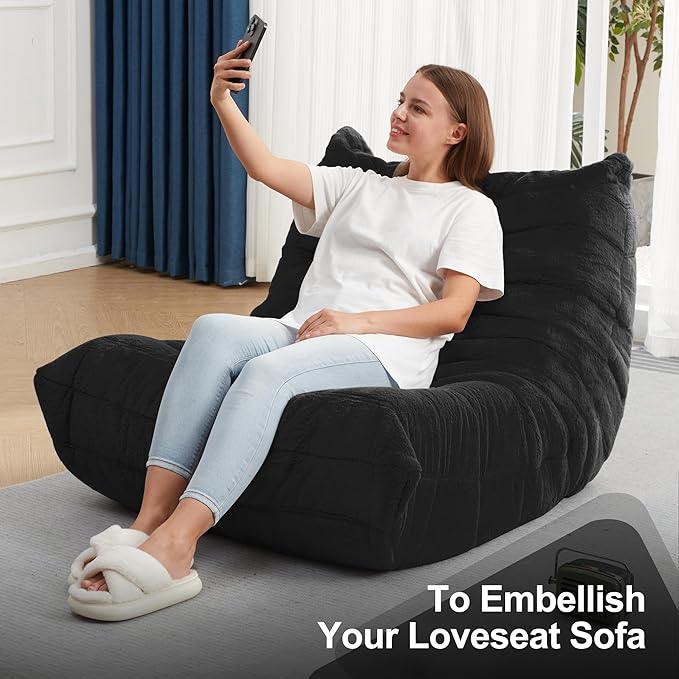 Hobestluk Adults Bean Bag Chair Faux Fur BeanBag Couch for Living Room | Black Plush,Ergonomic Design,Memory Foam,UltraSoft,Anti-slip Bottom,No Assembly Required,Decorative Style for Living Room