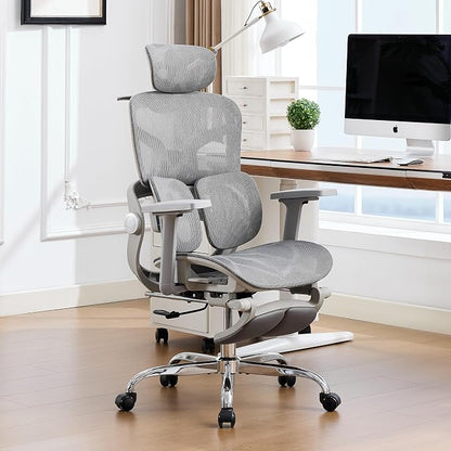 Ergonomic MeshOffice Chair with 2-Zone Lumbar Support and Footrest,Grey | Big and Tall, 400LBS, Adjustable Seat Depth, 4D Headrest, 4D Armrests Swivel Executive Chair for Home Office