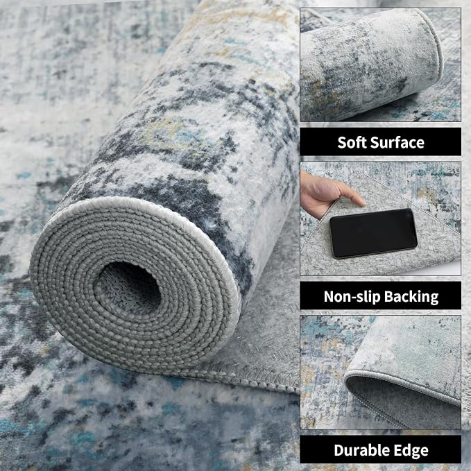 Ciicool Modern Abstract Rug for Living Room, 5'x7' Machine Washable Soft Area Rug Non-Slip Rug, Low-Pile Contemporary Indoor Dining Floor Carpet for Bedroom Office Under Table Home Decor Teal Gold