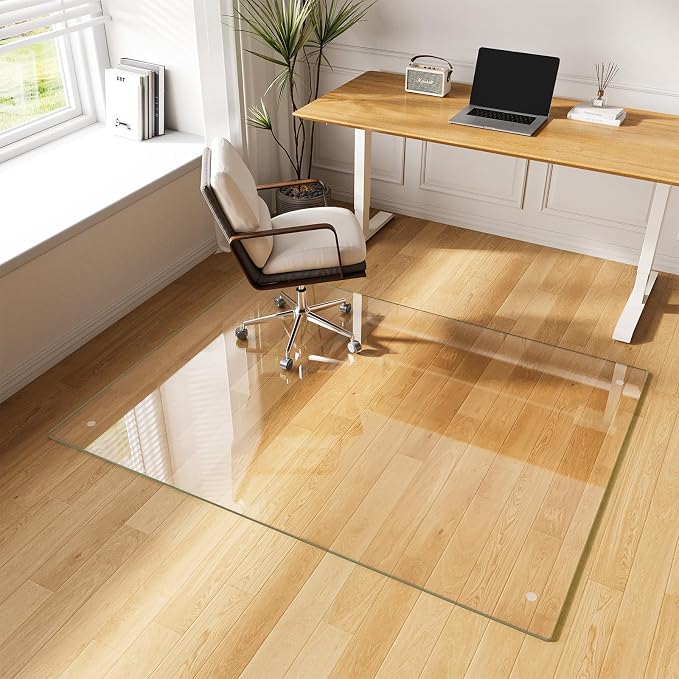 Glass Chair Mat 50" x 65" Heavy Duty Tempered Glass Office Chair Mat, Glass Floor Mat with Round Corner and Polished Edge for Smooth Glide, Office Chair Mat for Carpet, Hardwood Floor