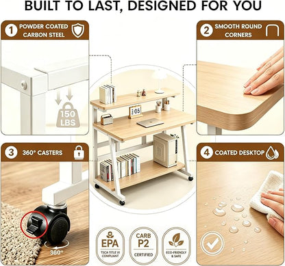 47.2 Inch Compact Rolling Computer Desk with Tier Worktable & Lockable Wheels, Small Computer Desk, Small Desk for Bedroom, Mobile Writing Workstation Easy Assembly for Home Office Small Spaces