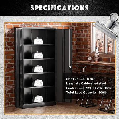 Greenvelly Storage Cabinet, 72” Black Garage Steel Locking Cabinet with Doors and 4 Adjustable Shelves, Tall Lockable File &Tool Cabinet for Home Office, Metal Classroom Cabinet Basement