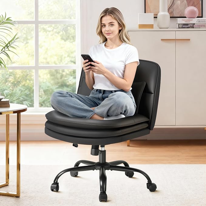 Furmax Criss Cross Legged Office Chair with Wheels, Armless Extra Wide Seat Swivel Desk Chair, Adjustable Height Comfy Task Chair with Thick Cushion for Home Office Bedroom Vanity (PU Leather, Black)