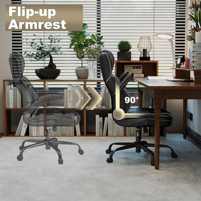 Ergonomic Executive Office Chair, High Back PU Leather Computer Desk Chair with Flip-Up Armrests, Lumbar Support, Adjustable Height and Rocking Function, Black