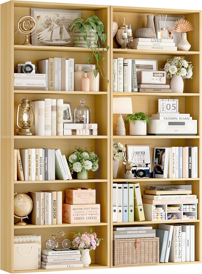 FOTOSOK 6-Tier Open Bookcase and Bookshelf, Freestanding Display Storage Shelves Tall Bookcase for Bedroom, Living Room and Office,Natural Set of 2