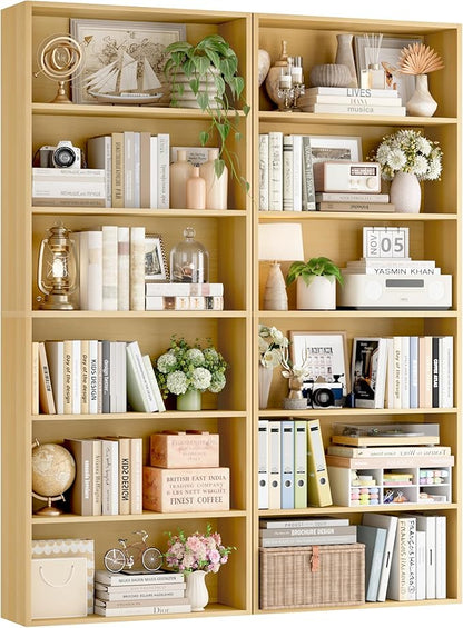 FOTOSOK 6-Tier Open Bookcase and Bookshelf, Freestanding Display Storage Shelves Tall Bookcase for Bedroom, Living Room and Office,Natural Set of 2