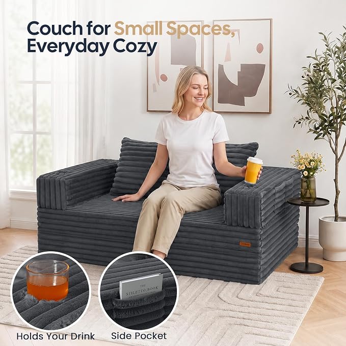 COMAX Futon Sofa Bed, 4‑in‑1 Convertible Sofa Bed, Folding Boneless Couches | Boneless Couch for living room, Fold Out Small Foldable Loveseat Floor Sleeper Mattress Lounge Space‑Saving, Ash Gray