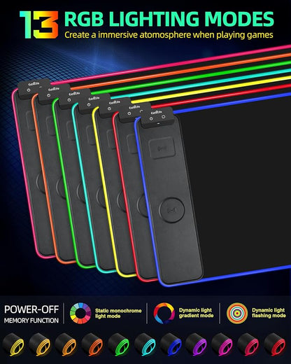 Mouse Pad with Wireless Charger, RGB Gaming Mousepad, 31.5"x15.7" Extra Large Desk Mat, 13 Light Modes, Ultra-Smooth Surface, Non-Slip Base, Waterproof Computer Keyboard Pad, Black with PD Adapter