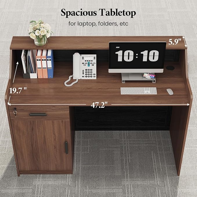 Reception Desk with Counter, Front Desk with Storage Cabinet and Drawer, 47 inch Modern Retail Counter with Cable Grommet for Checkout, Barber, Beauty Salon, Home Office