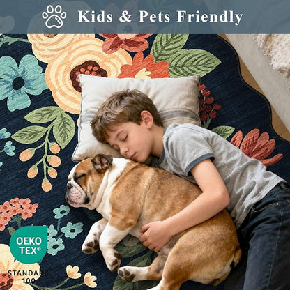 DUKINO 3x10 Washable Runner Rug, Non Slip Floral Ultra Soft Runner for Hallway, Lightweight Low Pile & Stain Resistant Long Throw Carpet for Kitchen, Bathroom, Entrance, Bedroom, Kids Room, Navy Blue